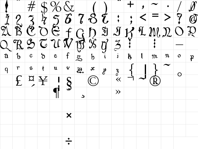 Goldilocks_Reprised Regular  glyph index
