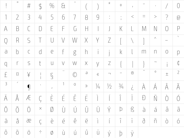 Exo 2 Thin Condensed  glyph index