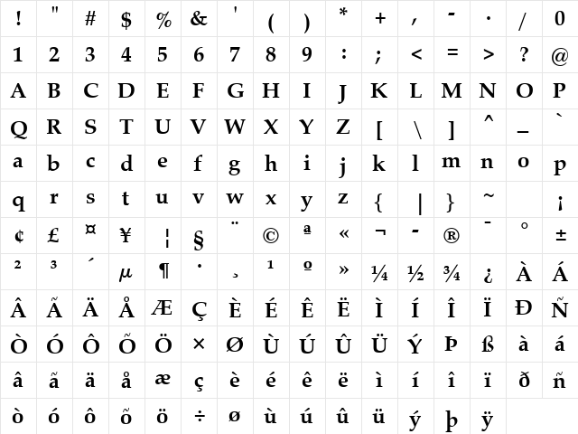 Zapf Calligraphic 801 SWA Bold  glyph index