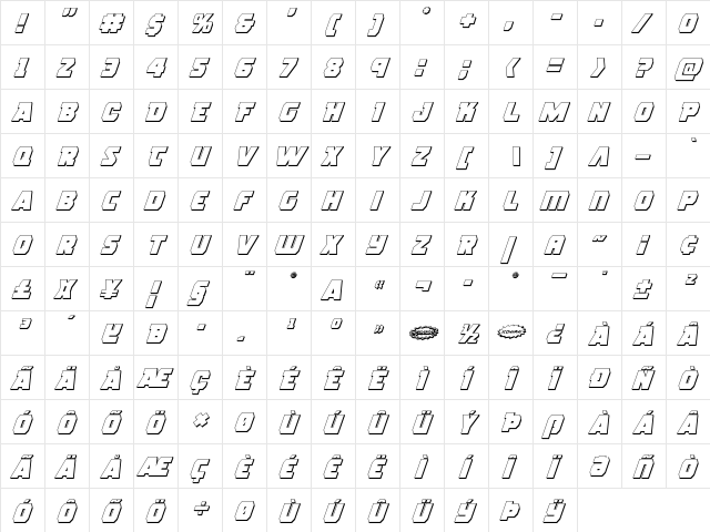 Rogue Hero 3D Italic Italic  glyph index