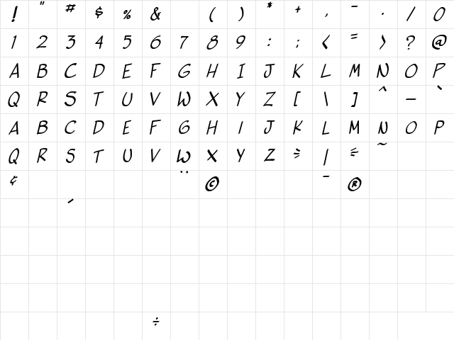 Vigilante Sidekick Italic  glyph index