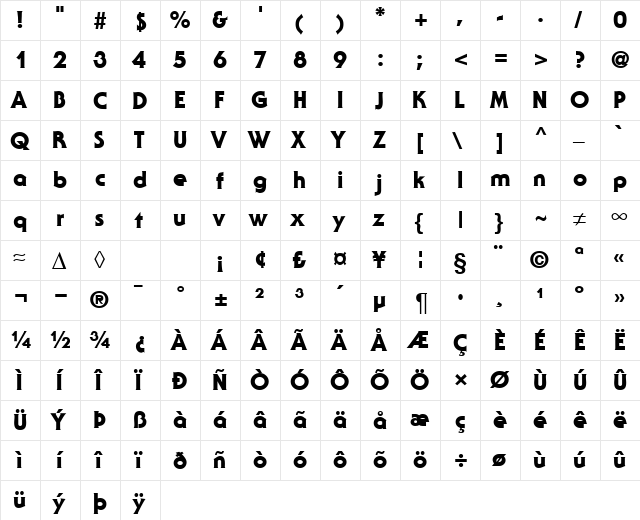 SerenadeTwoHeavy Regular  glyph index