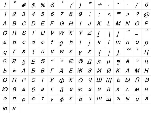 Hebar 02 Italic  glyph index