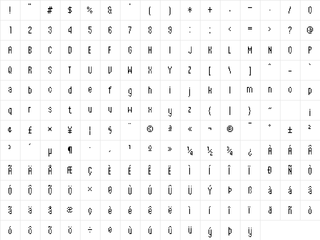 Readable 9x4 Regular  glyph index