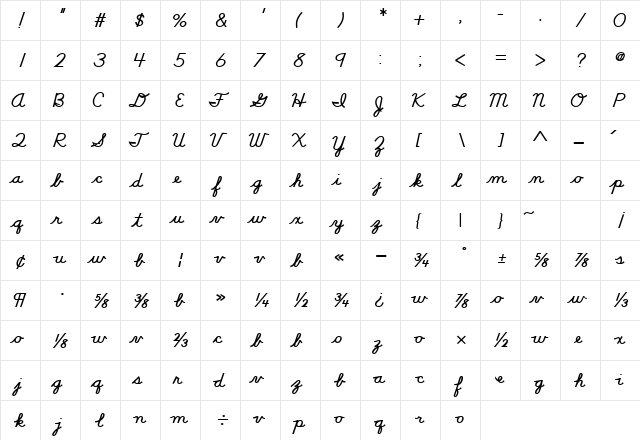 DN Cursive Bold Regular  glyph index