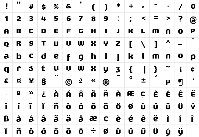 Exert Bold  glyph index