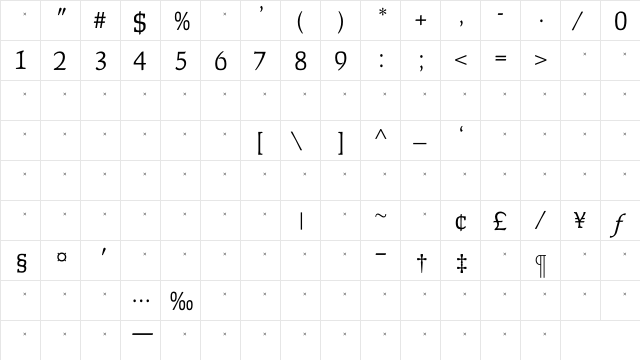 FaustLightTab Regular  glyph index
