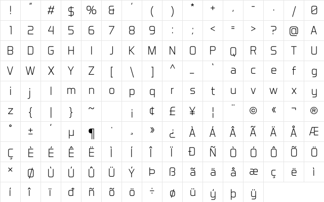 Aero Matics Light Regular  glyph index