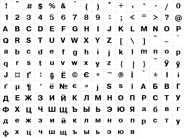 UkrainianPragmatica Bold  glyph index