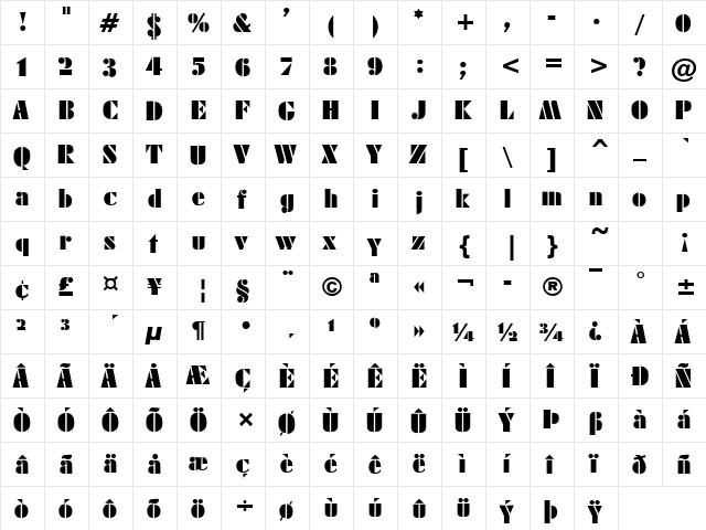 Army Regular  glyph index