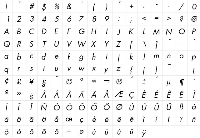Futura ICG Book Oblique  glyph index