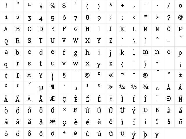 BaseTwelveSerif Roman  glyph index