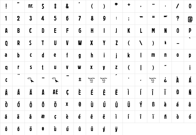 Prager Headlines Normal  glyph index