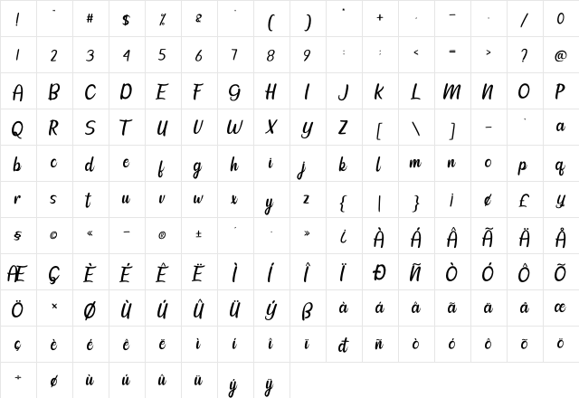 Calhtia Regular  glyph index