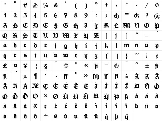 Fette Trump-Deutsch Regular  glyph index