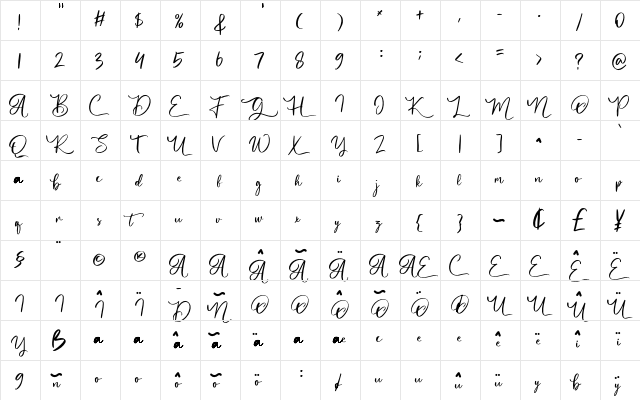Butgone Regular  glyph index