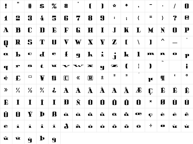 Peter Obscure Bold  glyph index