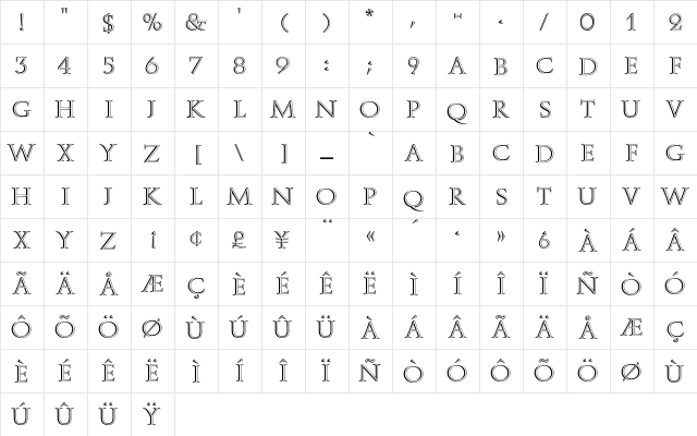 Augustea Open Regular  glyph index