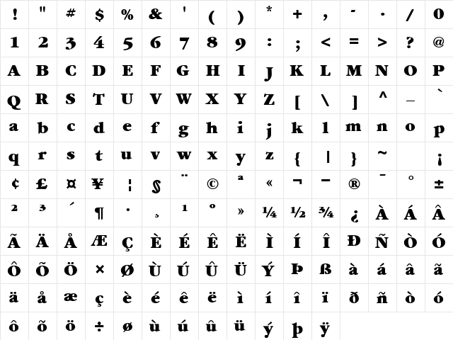 GaramondExBlackSSK Regular  glyph index