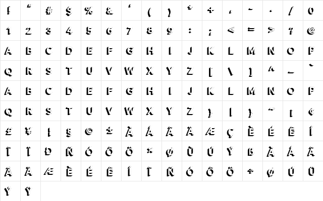 Alesand Extrude ExtBd Regular  glyph index