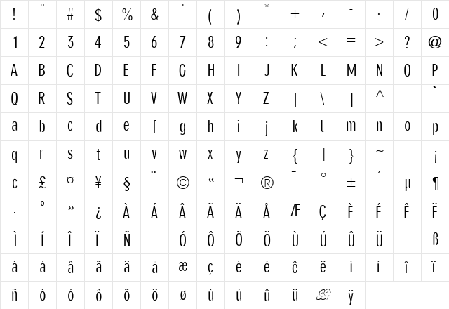 ParallaxGroteskCondSSK Regular  glyph index