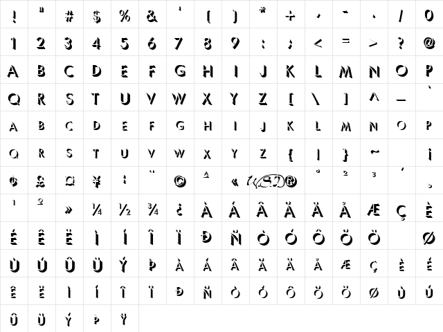 UltraShadow Regular  glyph index