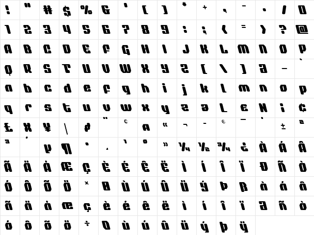 Quasar Pacer Leftalic Italic  glyph index