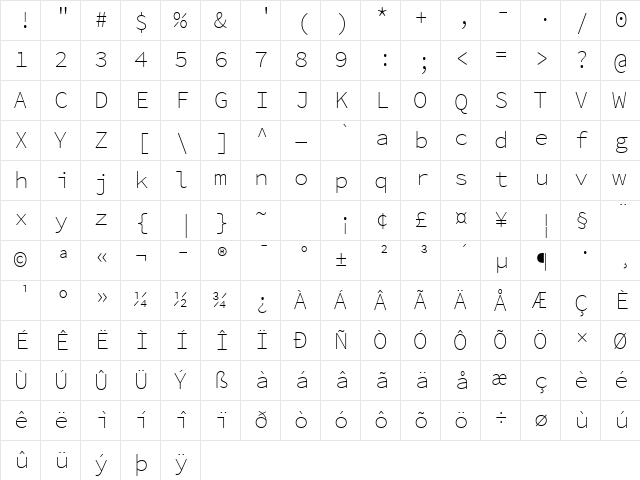 Source Code Pro ExtraLight Regular  glyph index