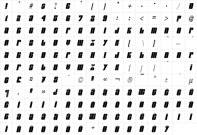 Glaze Condensed Italic  glyph index