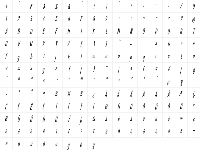 Elegant Sans Bold Italic  glyph index