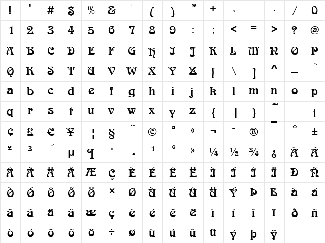Jugendstil Regular  glyph index