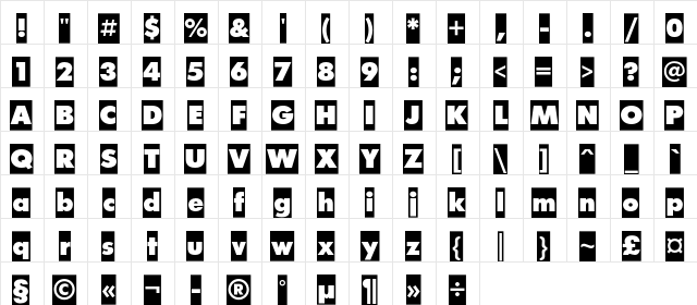 FuturisXCameoC Regular  glyph index