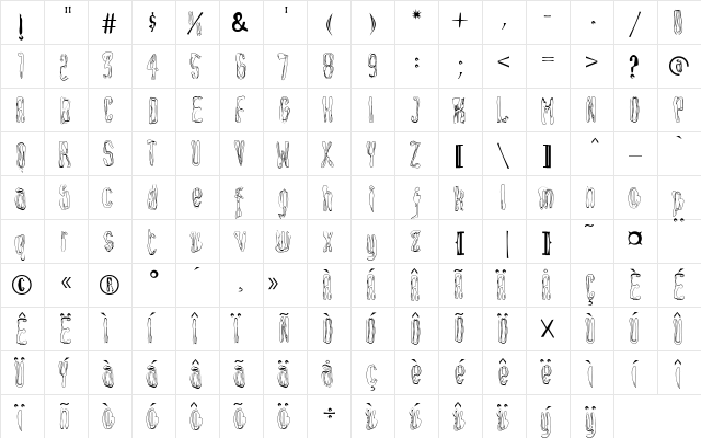 South Regular  glyph index