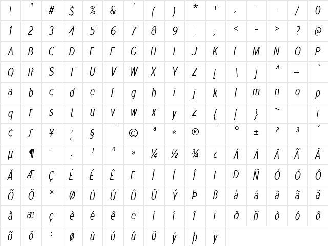 Expressway Condensed Light Italic  glyph index