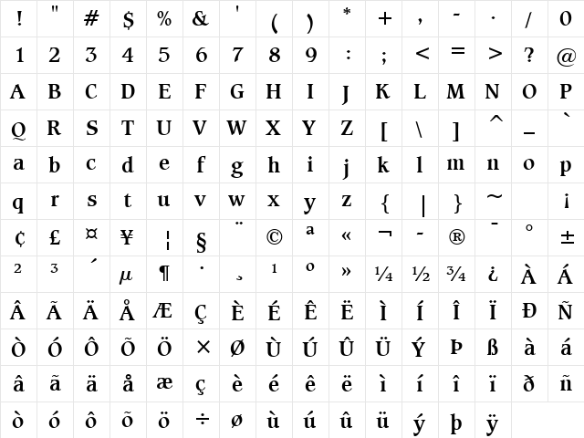 Caxton Bold  glyph index