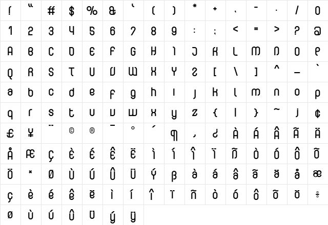 Curvature Bold  glyph index