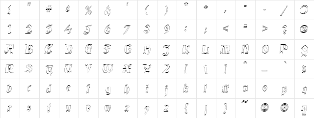 QuaelGothicHollow Regular  glyph index