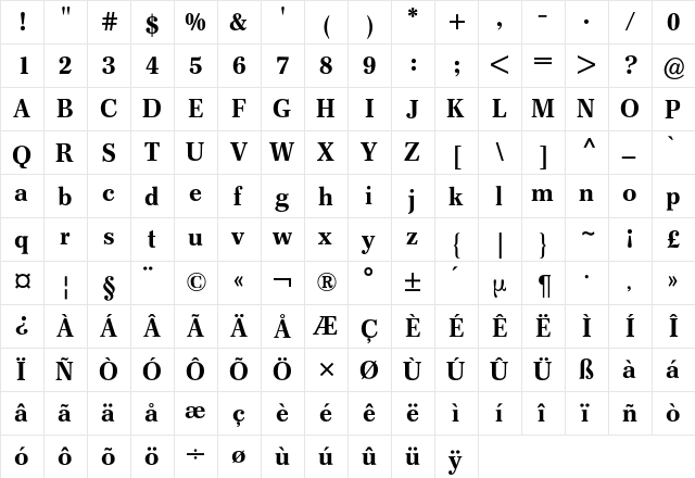 Franklin-Antiqua BQ Regular  glyph index