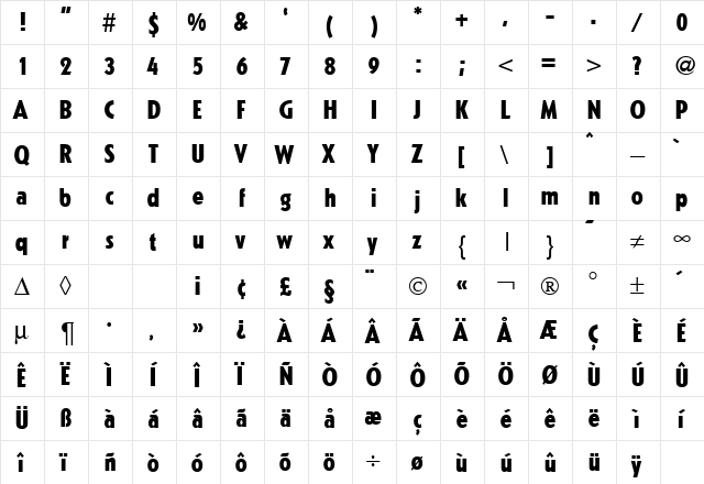 KochOriginalCondHeavy Regular  glyph index
