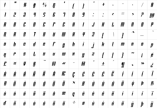 Red Steel Stripped Italic Regular  glyph index