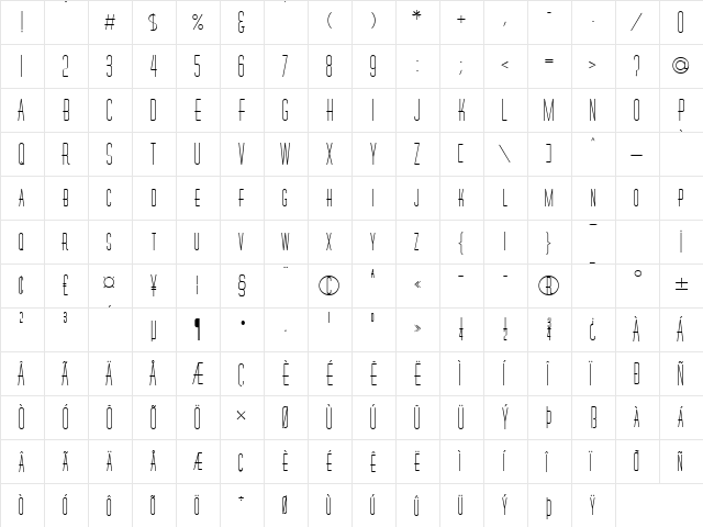 Wire Bold  glyph index
