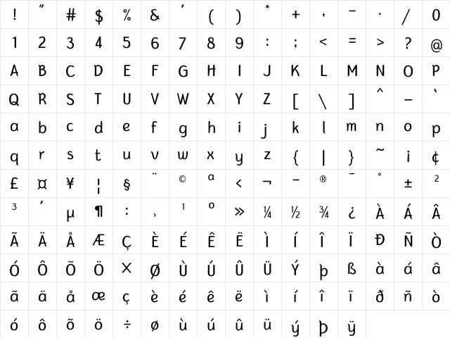 Bertina Regular  glyph index