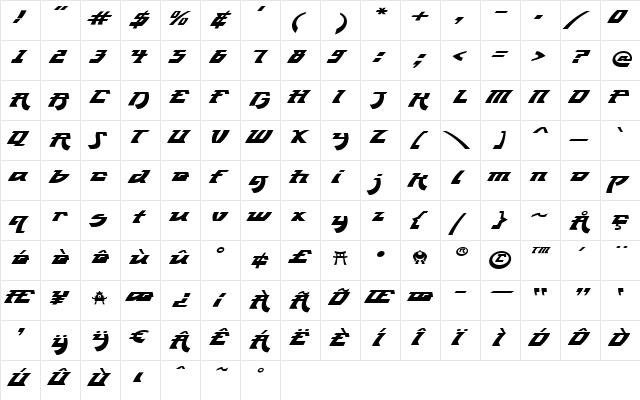 OWOShogun Regular  glyph index