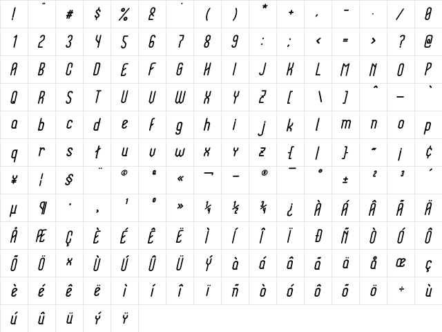 HolySans-Oblique Oblique  glyph index