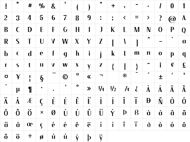 Floane Bold  glyph index