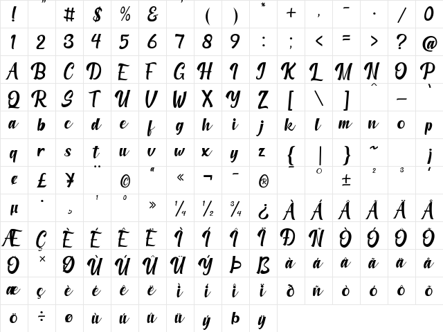 Amberllee Regular  glyph index