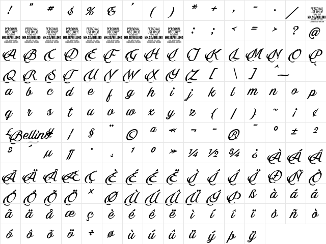 Bellino PERSONAL USE ONLY Regular  glyph index