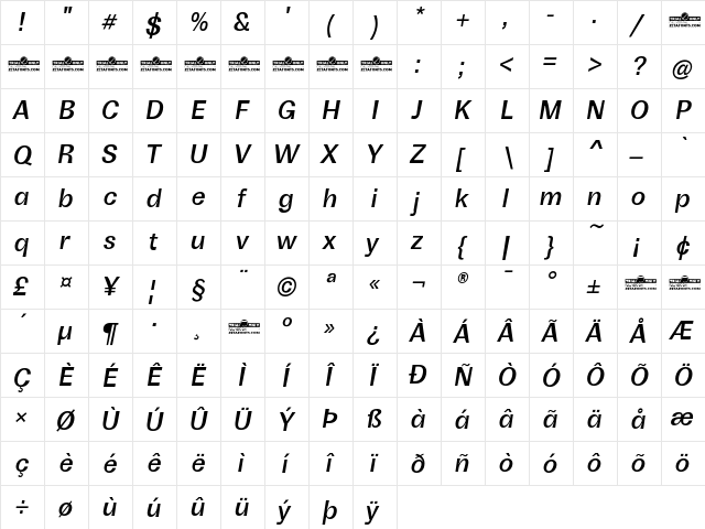 Boring Sans B Trial Medium Italic  glyph index