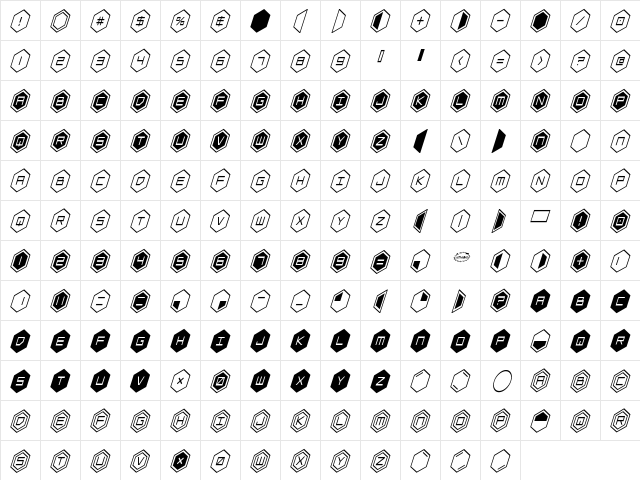 HEX:gon Condensed Italic Condensed Italic  glyph index
