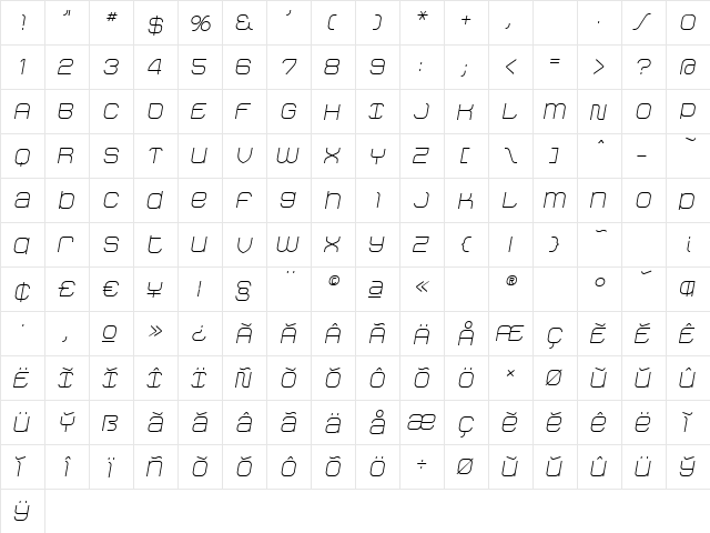 StakLight Oblique Regular  glyph index